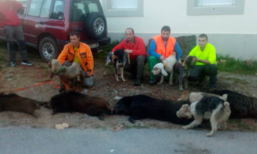 Monteros de la cuadrilla de Javi Nava, con el cupo logrado en el lote Muñó, de Siero. :: Javier Vallina